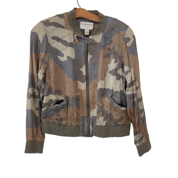 Marrakech Full Zip Camo Bomber Jacket Womens S Long Sleeve Viscose Blend Green - Picture 1 of 9